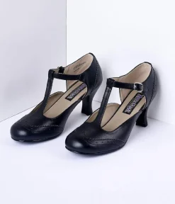 Unique Vintage Special Occasion|Heels>1920s Black T-Strap Mary Jane Heels