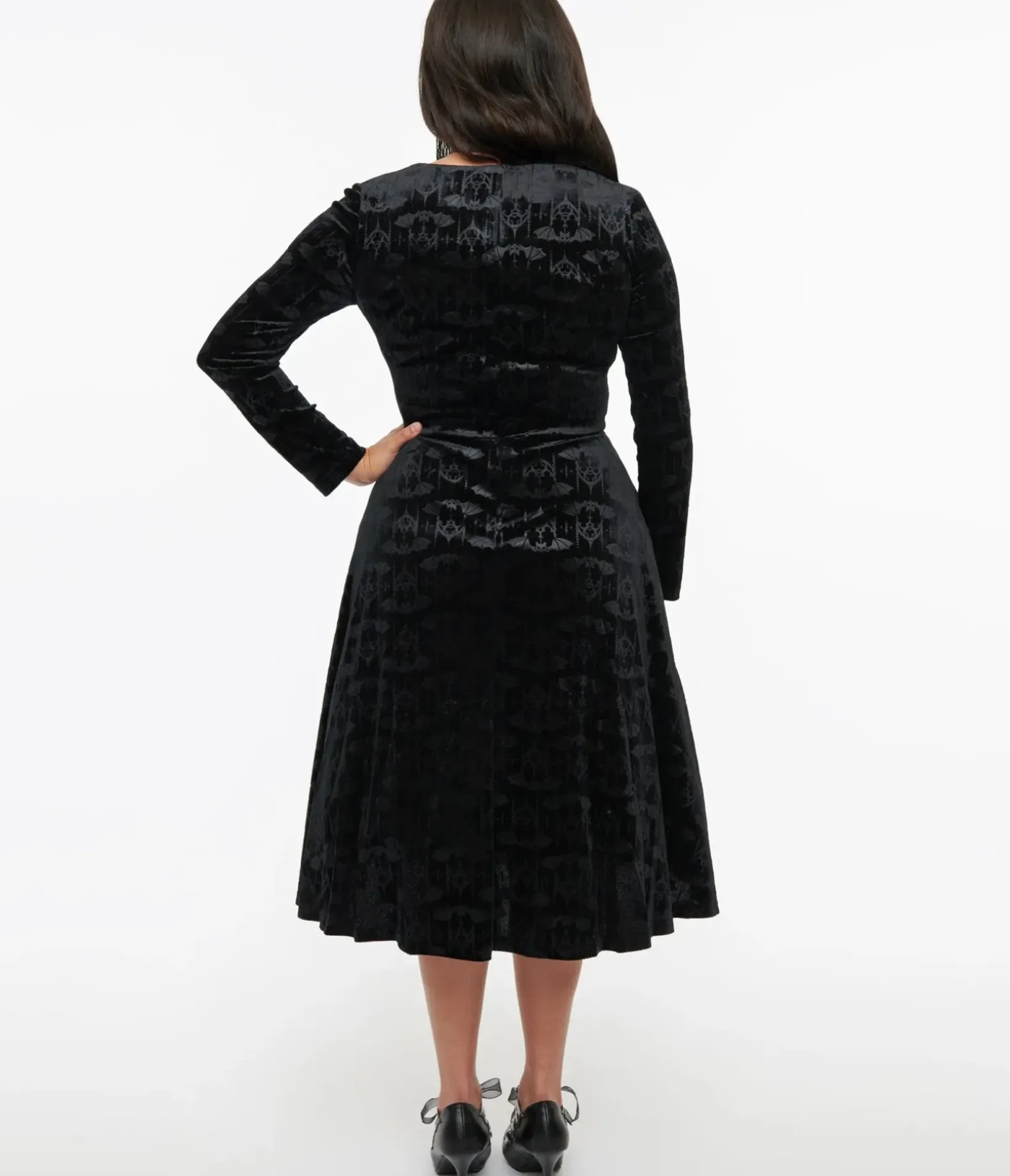 Unique Vintage Fit & Flare|Pocket Dresses>1950s Black Velvet Bat Print Fit & Flare Dress