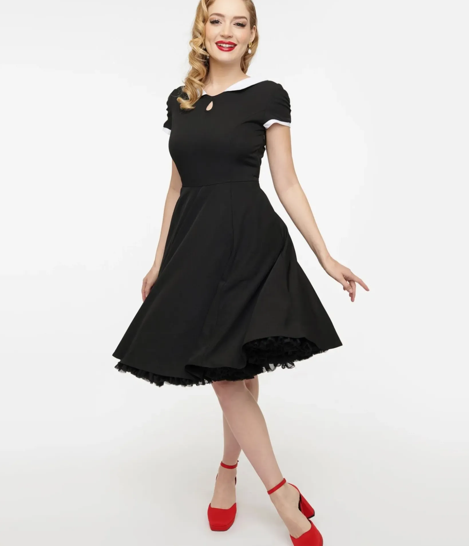 Unique Vintage Fit & Flare|Fit & Flare>1950s Black & White Collar Fit & Flare Dress