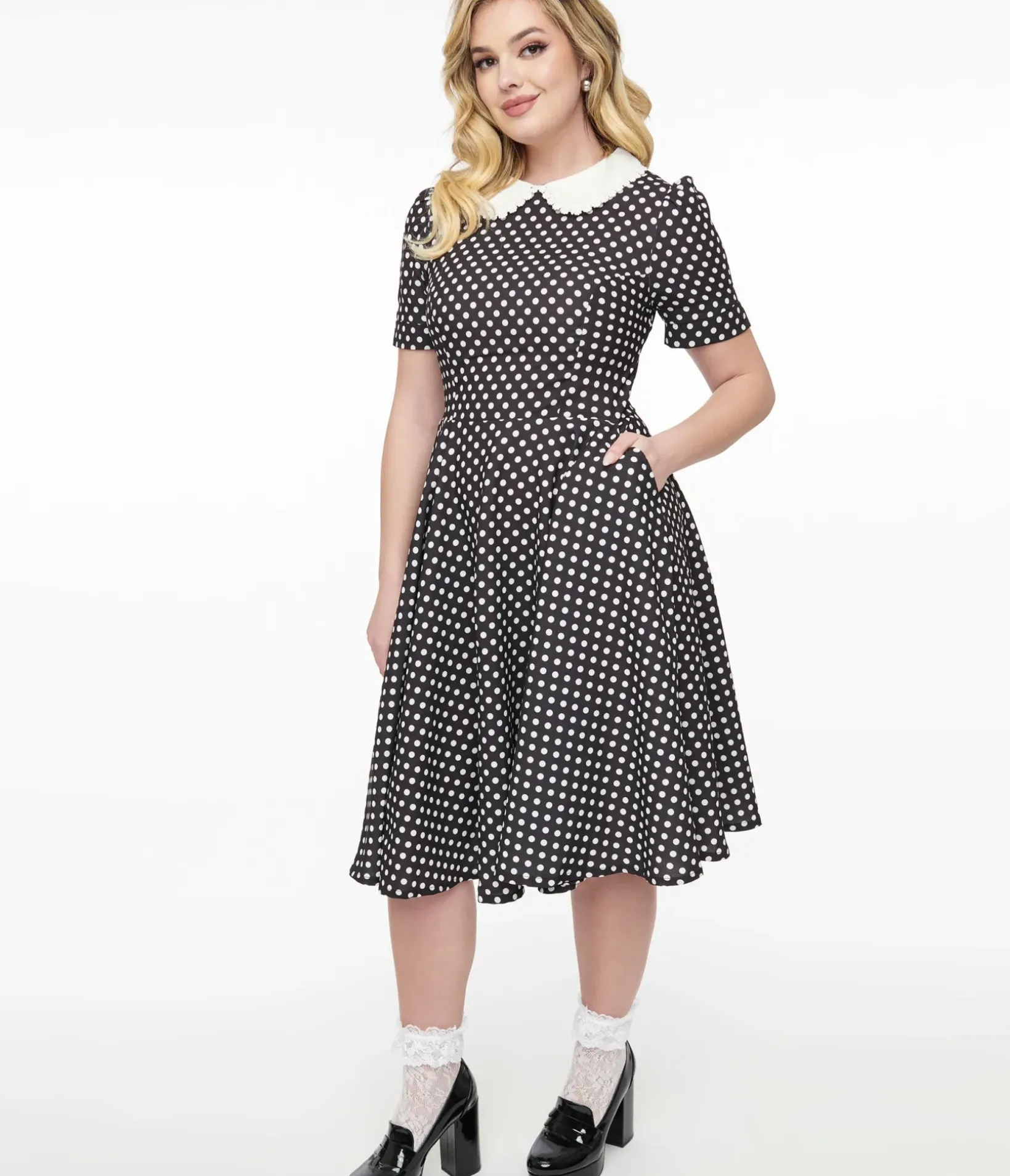 Unique Vintage Swing|Pocket Dresses>1950s Black & White Polka Dot Brielle Swing Dress