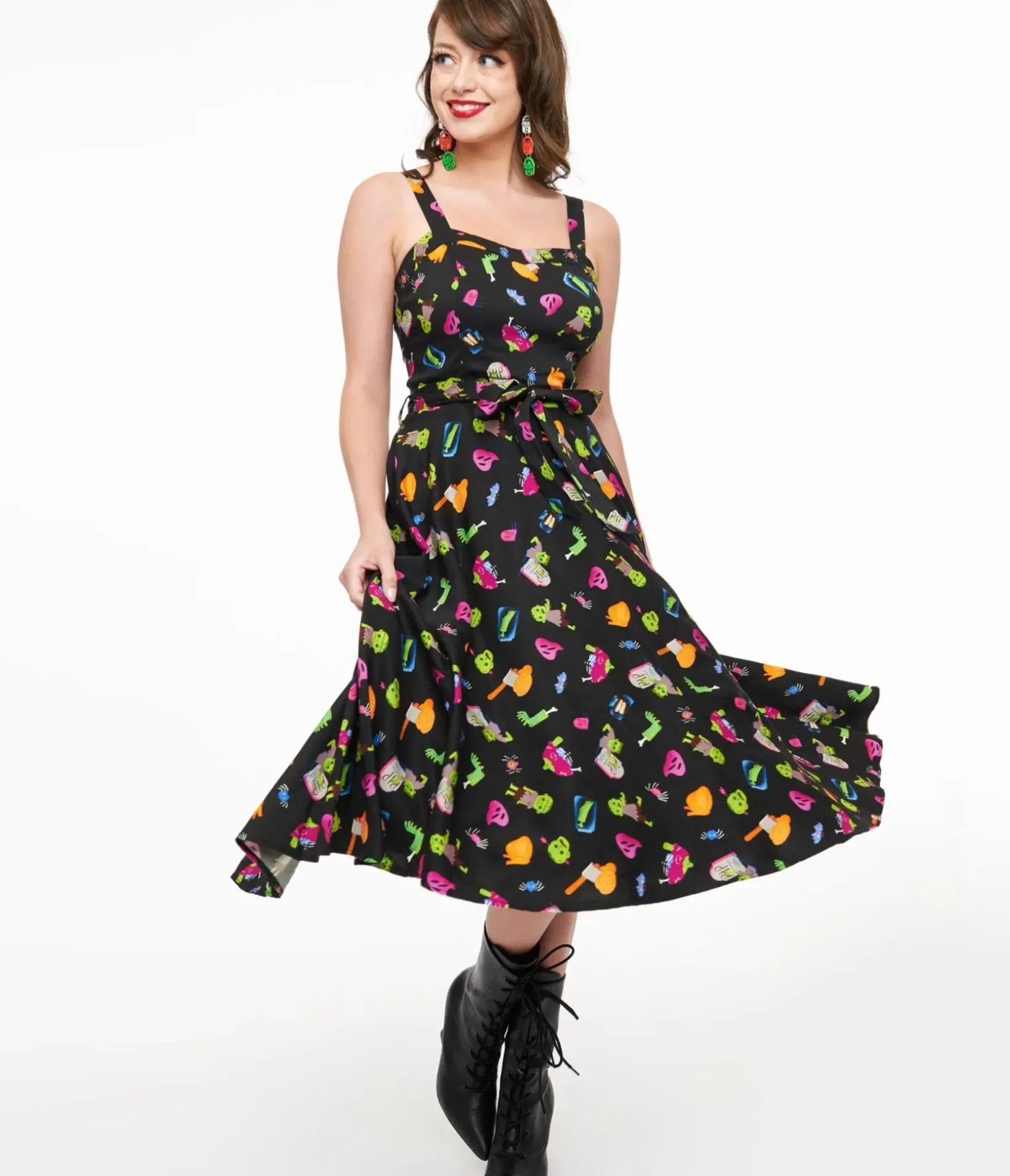 Unique Vintage Swing|Pocket Dresses>1950s Black Zombie Print Lori Swing Dress