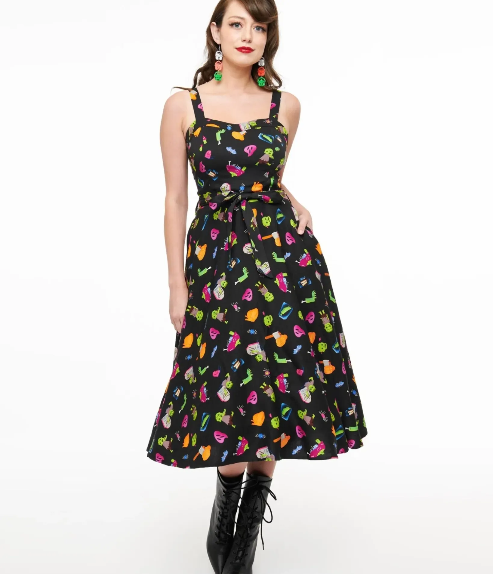 Unique Vintage Swing|Pocket Dresses>1950s Black Zombie Print Lori Swing Dress
