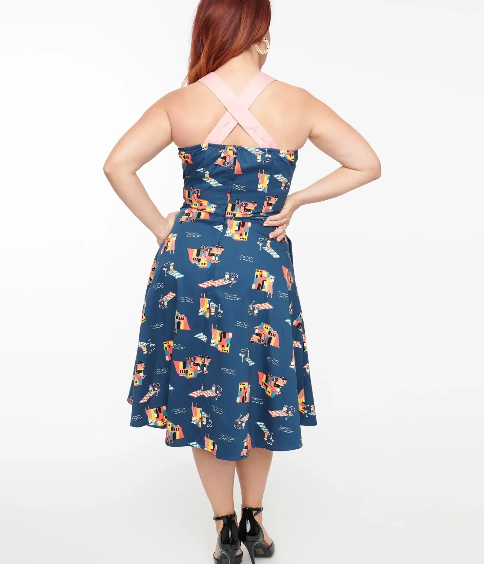 Unique Vintage Swing|Pocket Dresses>1950s Blue Cotton Portofino Living Print Swing Dress