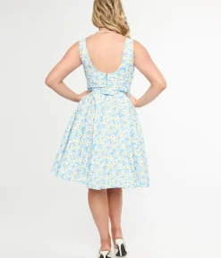 Unique Vintage Swing|Pocket Dresses>1950s Blue & Daisy Print Cotton Selda Swing Dress