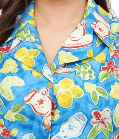 Unique Vintage Blouses|Summer Vacation>1950s Blue Lemon In My Tea Print Crop Top