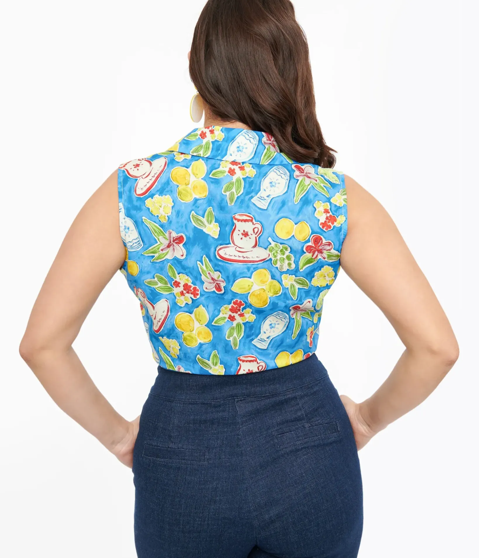 Unique Vintage Blouses|Summer Vacation>1950s Blue Lemon In My Tea Print Crop Top