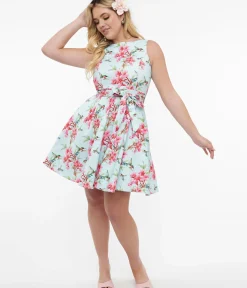 Unique Vintage Fit & Flare|Pocket Dresses>1950s Blue & Pink Floral Hummingbird Print Cotton Tea Fit & Flare Dress