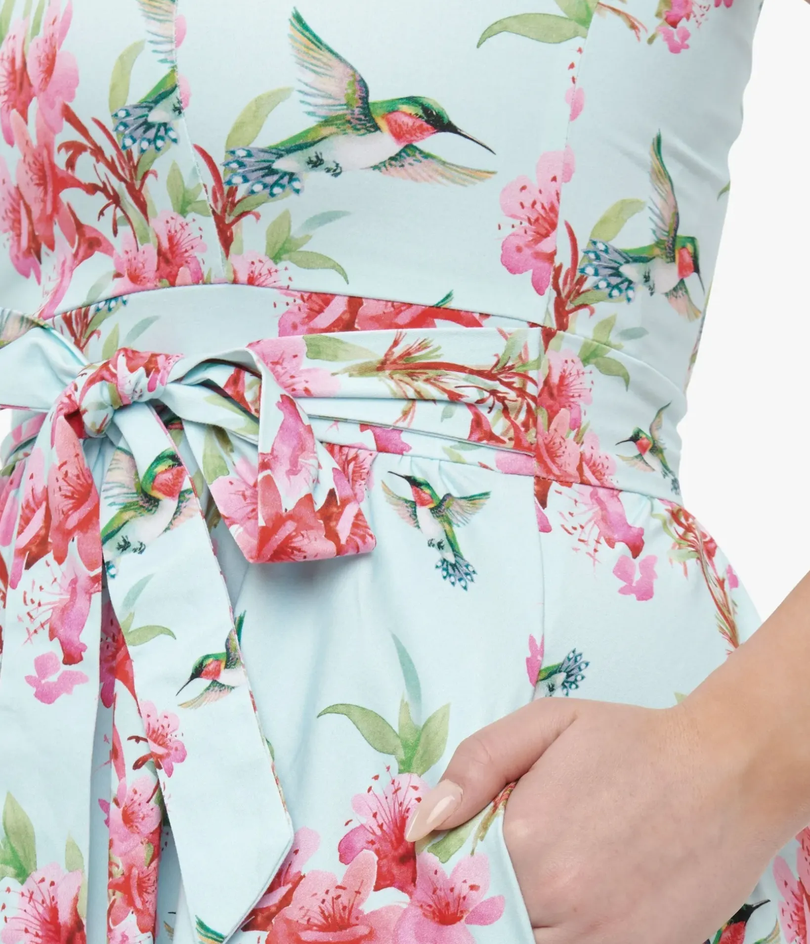 Unique Vintage Fit & Flare|Pocket Dresses>1950s Blue & Pink Floral Hummingbird Print Cotton Tea Fit & Flare Dress