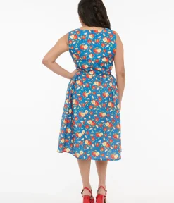 Unique Vintage Swing|Pocket Dresses>1950s Blue & Red Apple Print Cotton Swing Dress