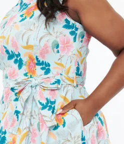 Unique Vintage Swing|Pocket Dresses>1950s Blue Tropical Holiday Cotton Hepburn Swing Dress