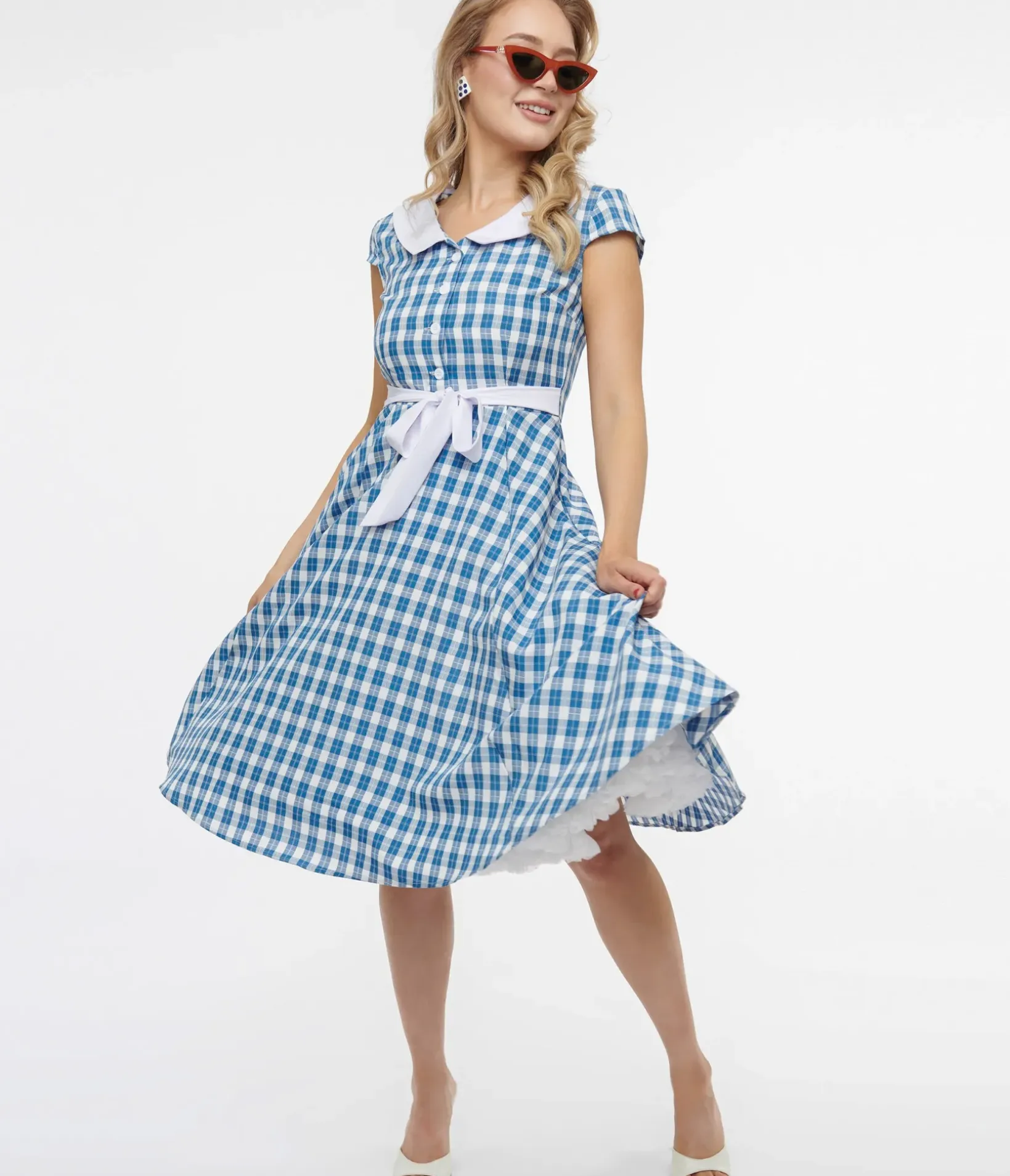 Unique Vintage Swing|Pocket Dresses>1950s Blue & White Plaid Swing Dress