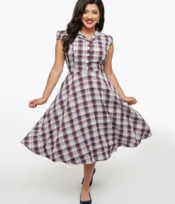 Unique Vintage Pocket Dresses|Everyday Dresses>1950s Brown & Blue Plaid Swing Dress