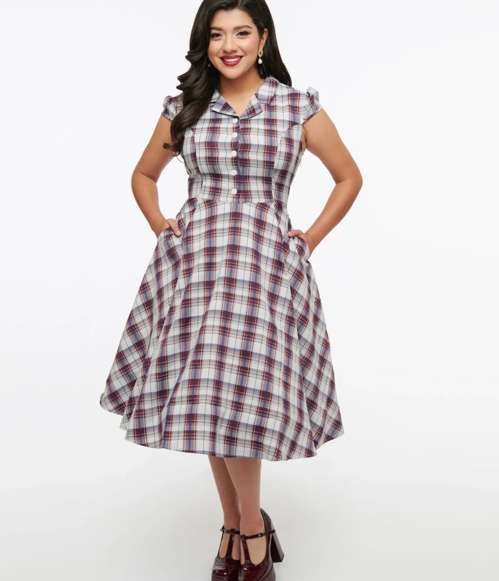 Unique Vintage Pocket Dresses|Everyday Dresses>1950s Brown & Blue Plaid Swing Dress