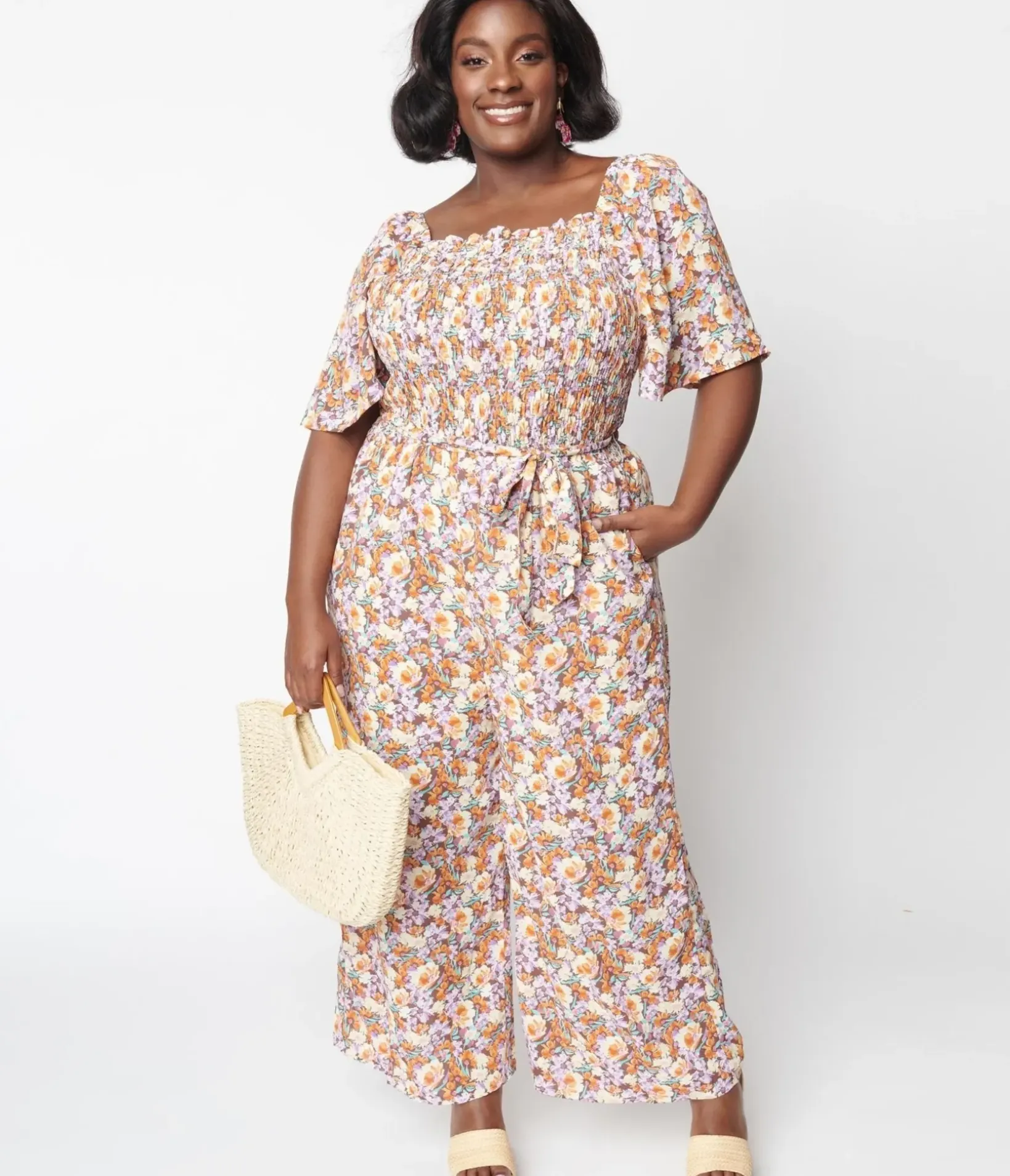 Unique Vintage Rompers & Jumpsuits>1970s Brown Daisy Floral Jumpsuit