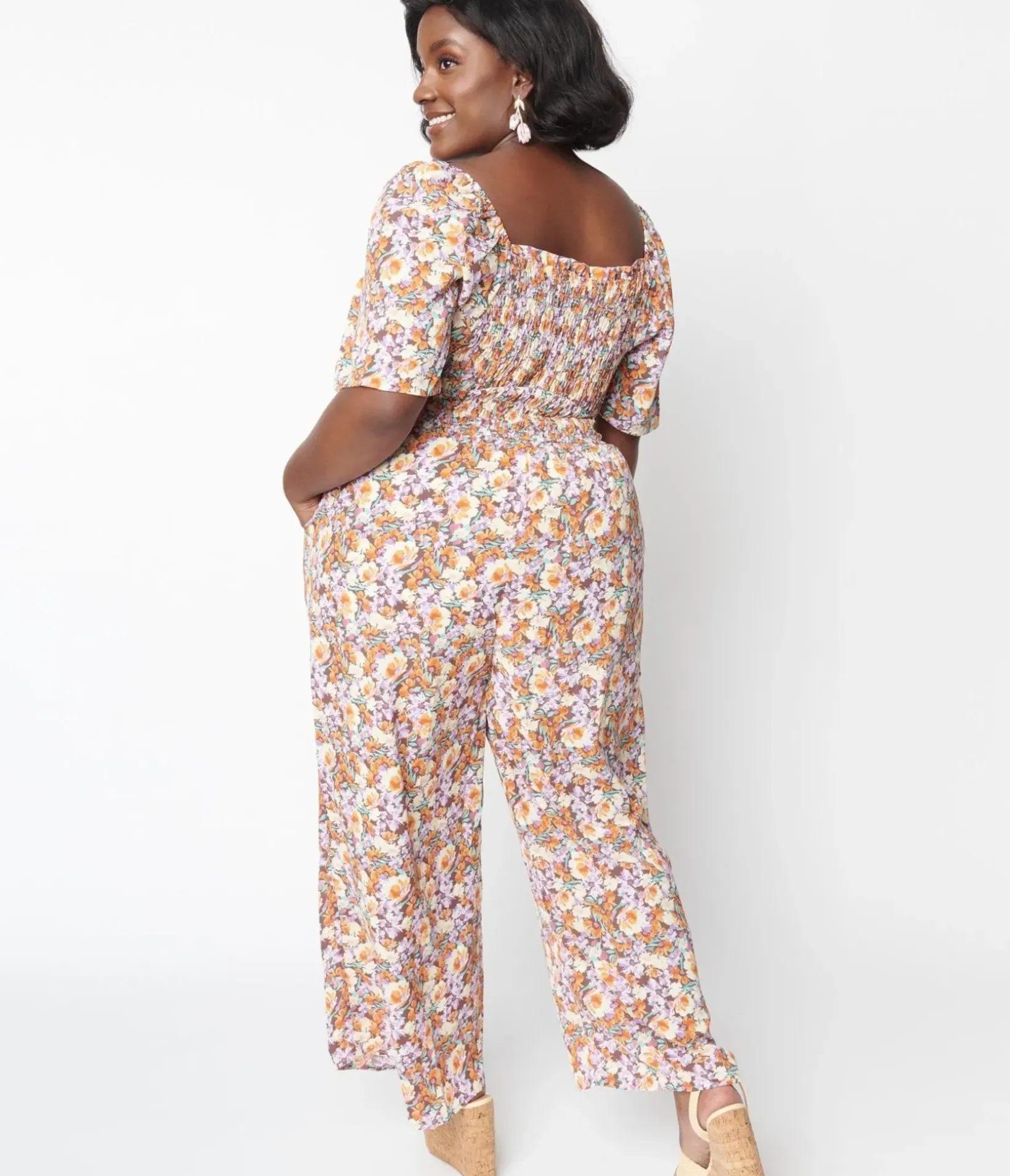 Unique Vintage Rompers & Jumpsuits>1970s Brown Daisy Floral Jumpsuit