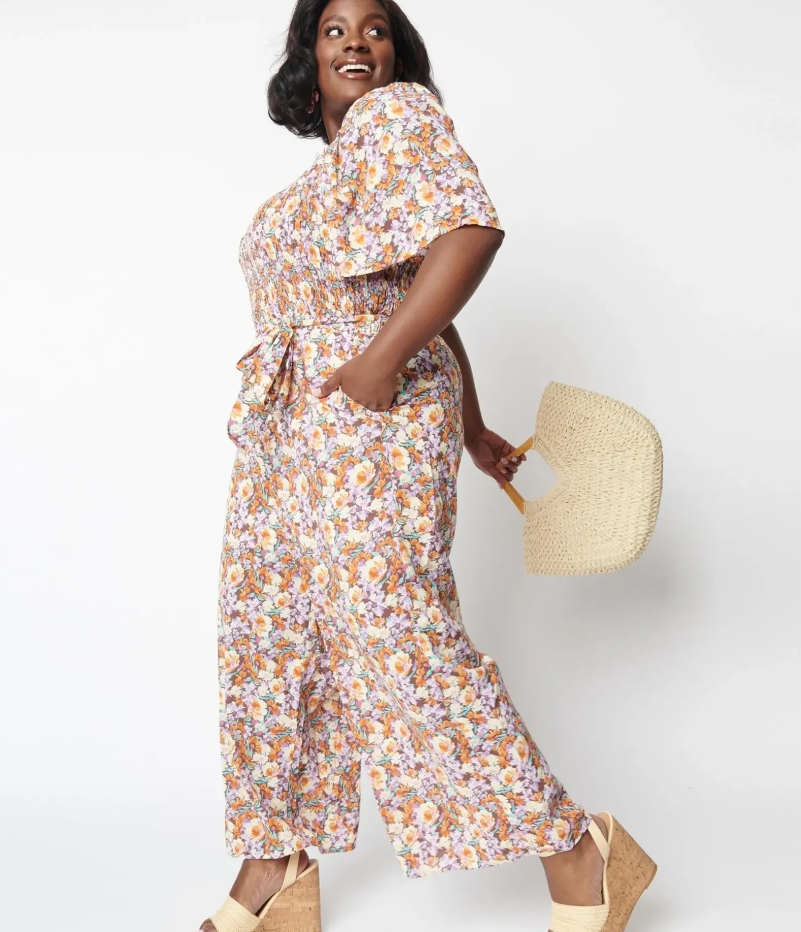 Unique Vintage Rompers & Jumpsuits>1970s Brown Daisy Floral Jumpsuit