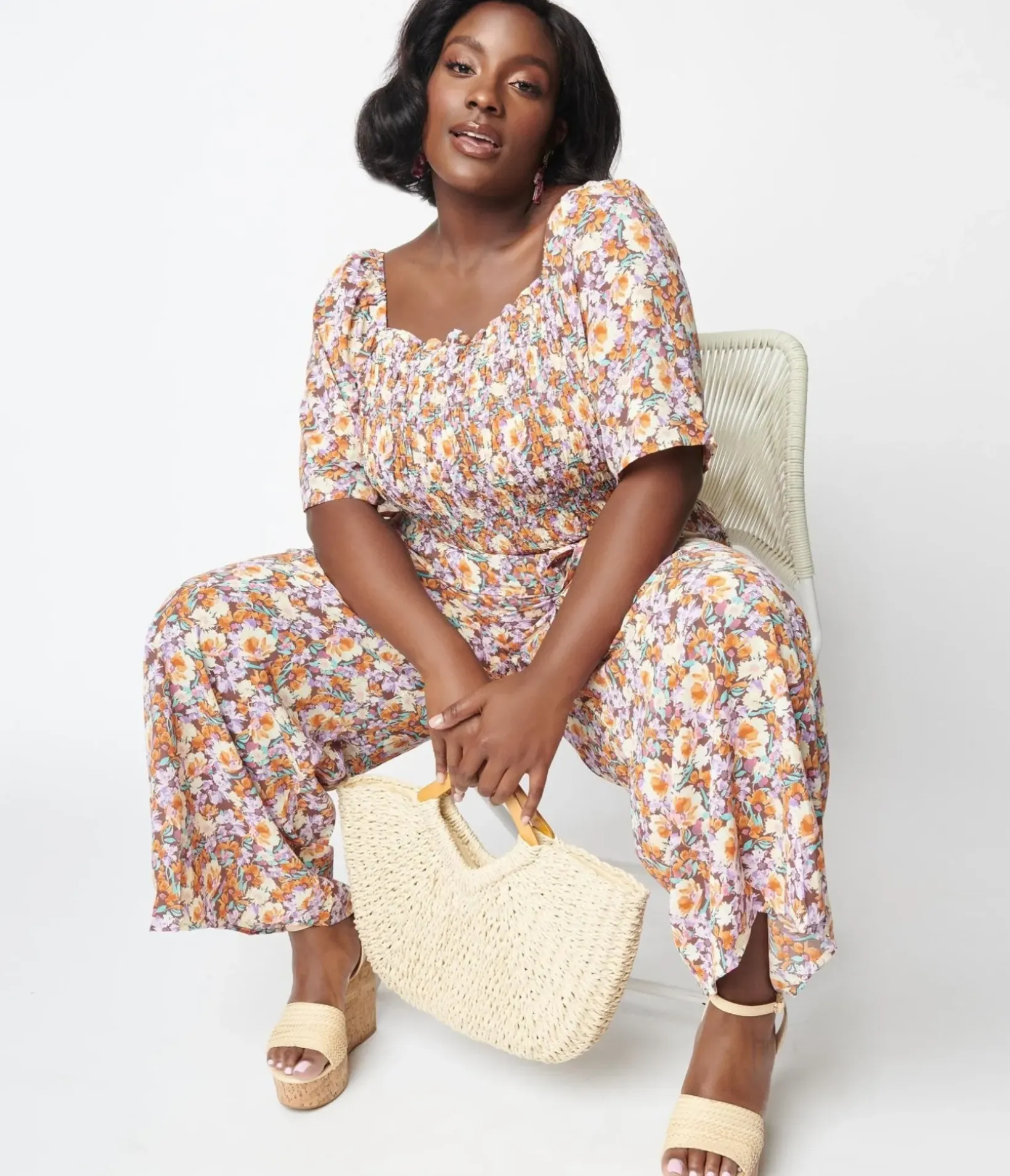 Unique Vintage Rompers & Jumpsuits>1970s Brown Daisy Floral Jumpsuit
