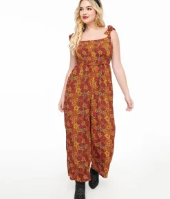 Unique Vintage Rompers & Jumpsuits>1970s Brown & Orange Flower Child Silk Jumpsuit