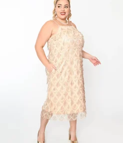 Unique Vintage Pencil|Midi>1920s Champagne Sequin Fringe Midi Dress