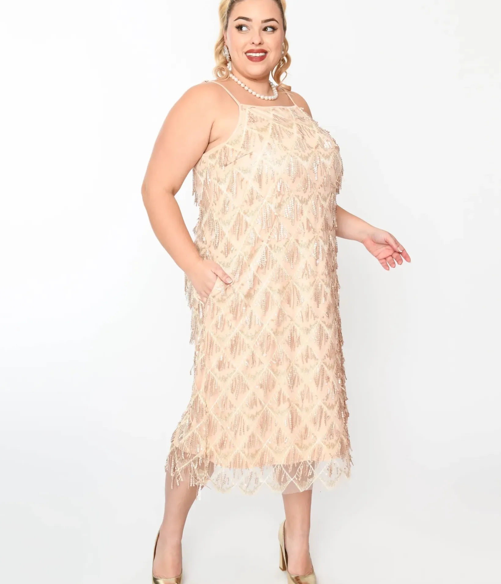 Unique Vintage Pencil|Midi>1920s Champagne Sequin Fringe Midi Dress