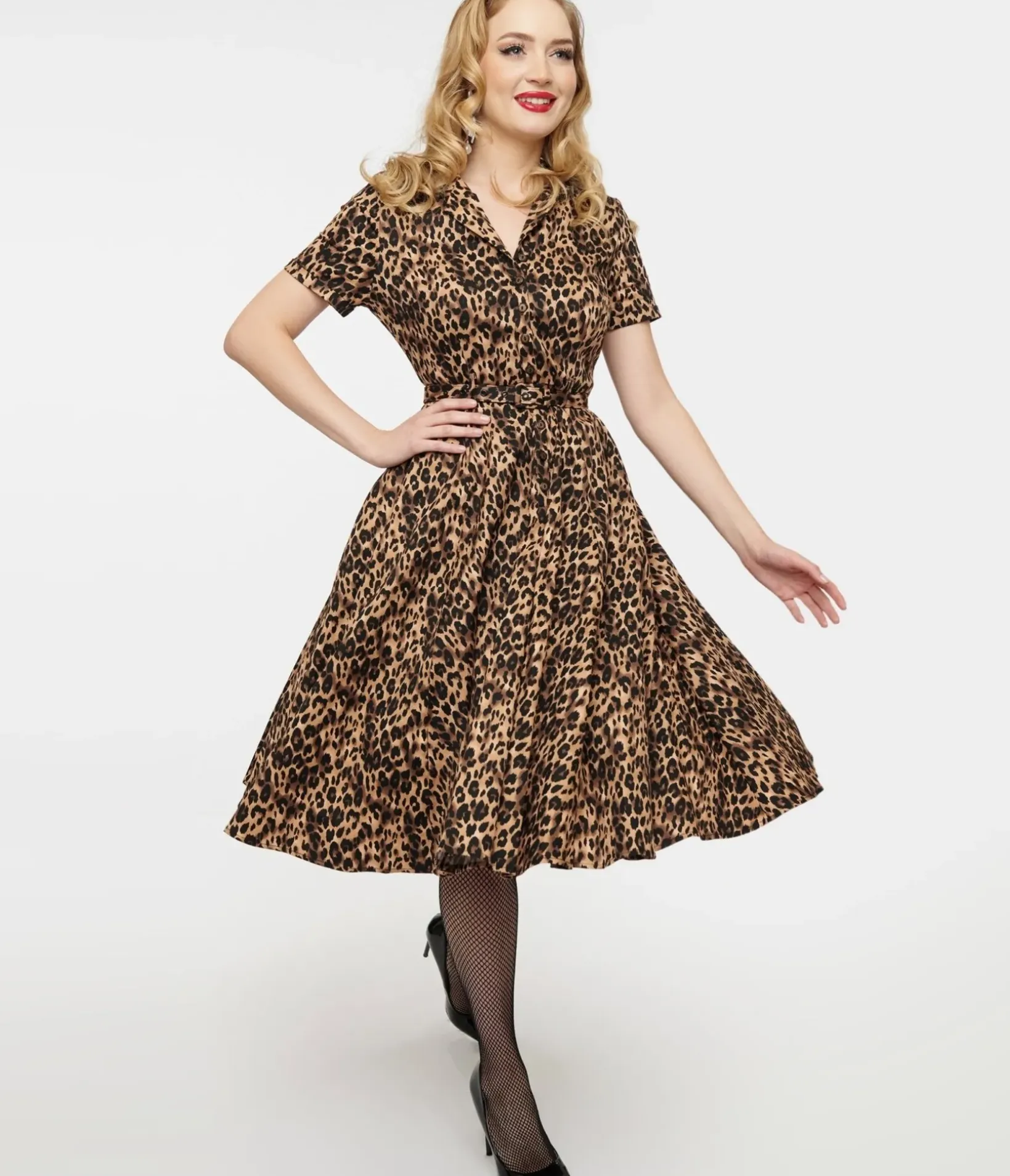 Unique Vintage Swing|Pocket Dresses>1950s Cheetah Girl Belted Swing Dress