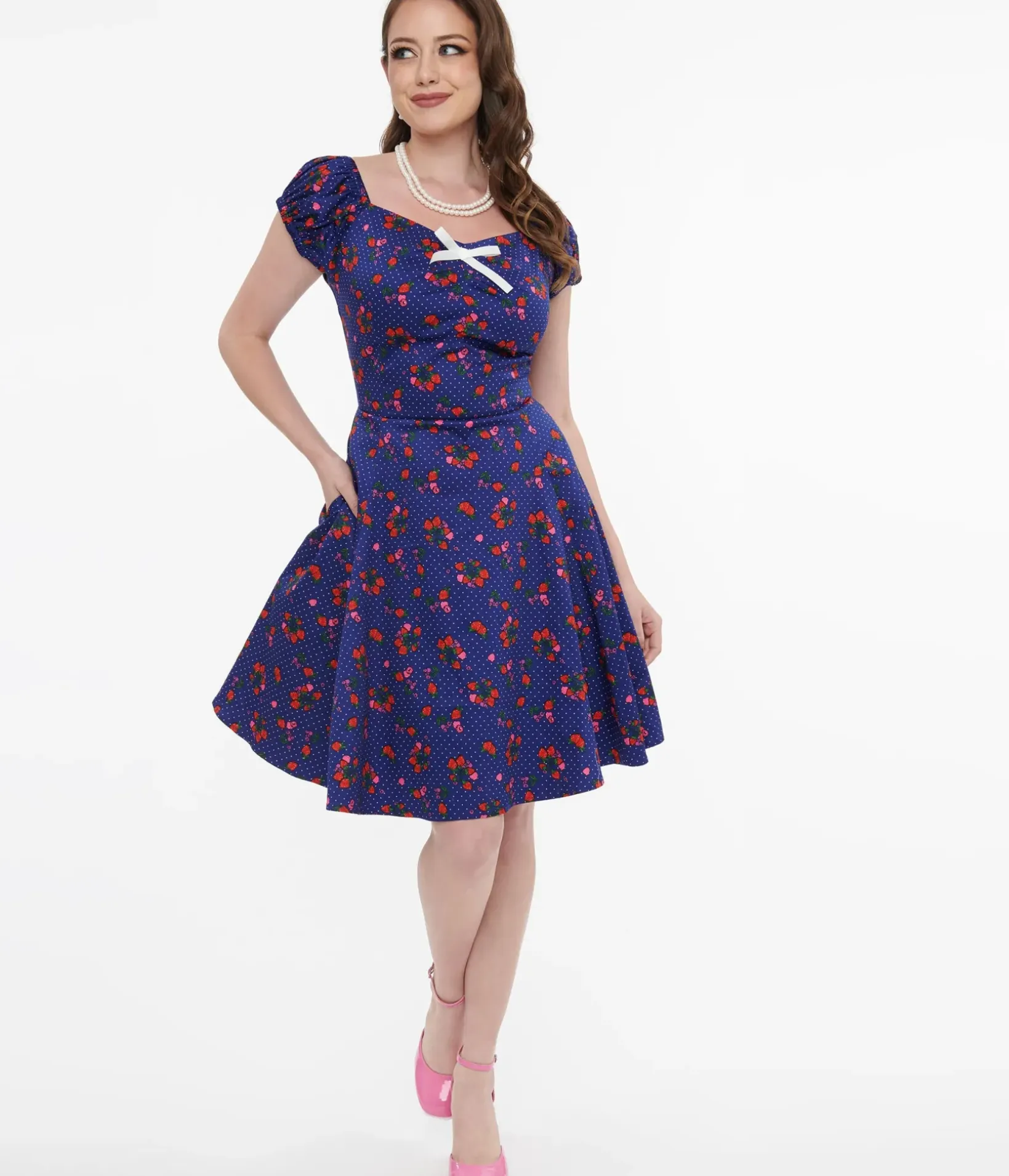 Unique Vintage Fit & Flare|Pocket Dresses>1950s Collectif Blue & Mixed Berries Print Dolores Mini Dress