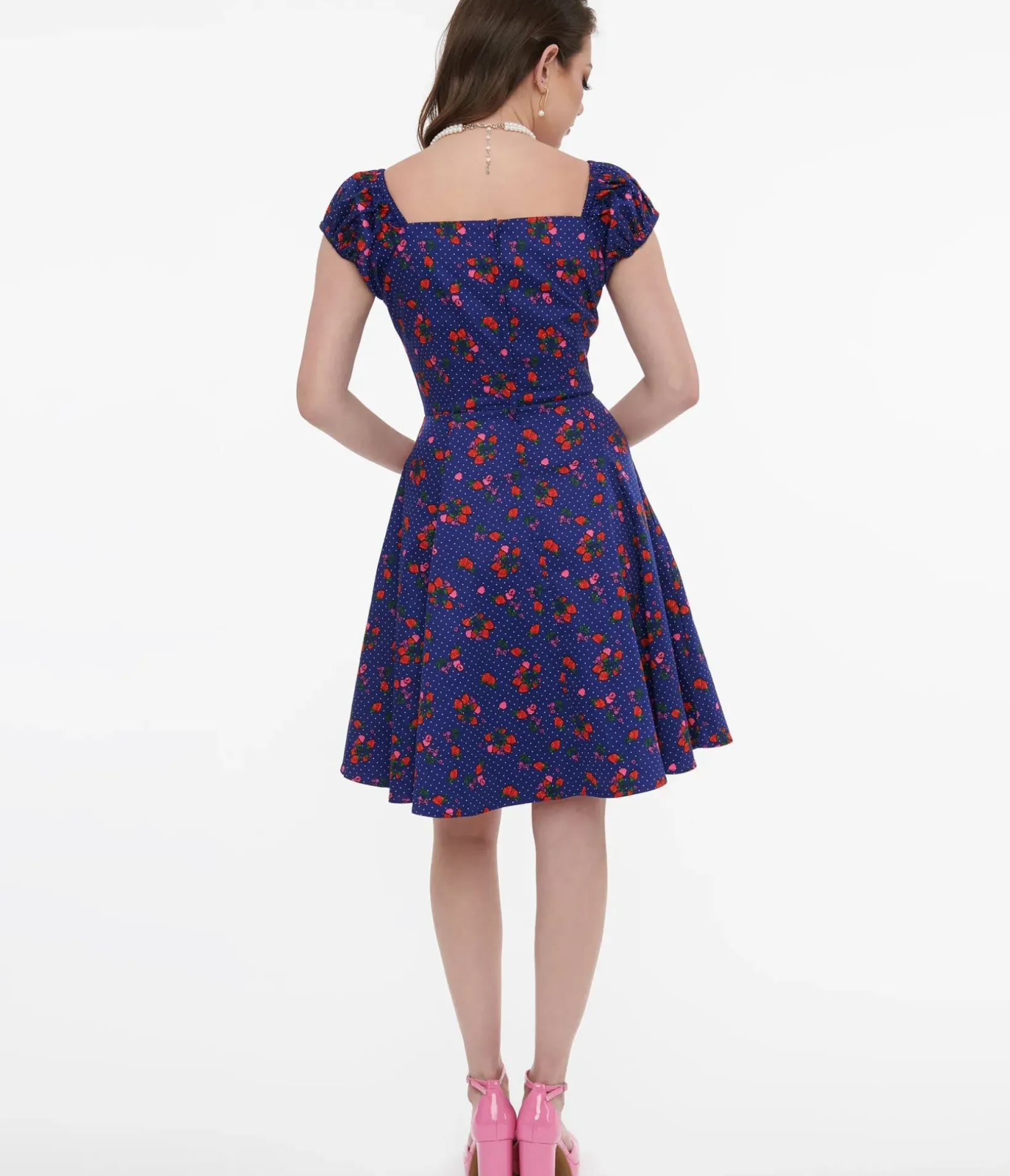 Unique Vintage Fit & Flare|Pocket Dresses>1950s Collectif Blue & Mixed Berries Print Dolores Mini Dress