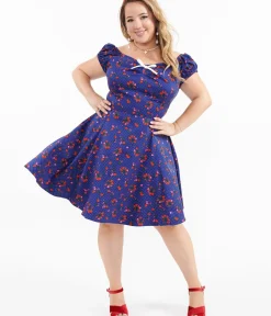 Unique Vintage Fit & Flare|Pocket Dresses>1950s Collectif Plus Size Blue & Mixed Berries Print Dolores Mini Dress