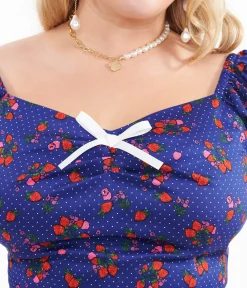 Unique Vintage Fit & Flare|Pocket Dresses>1950s Collectif Plus Size Blue & Mixed Berries Print Dolores Mini Dress