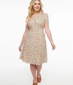 Unique Vintage Fit & Flare|Pocket Dresses>1950s Cream & Multicolor Floral Fit & Flare Dress