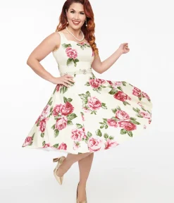 Unique Vintage Swing|Pocket Dresses>1950s Cream & Pink Floral Frances Swing Dress