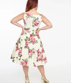 Unique Vintage Swing|Pocket Dresses>1950s Cream & Pink Floral Frances Swing Dress