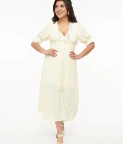 Unique Vintage Midi|Everyday Dresses>1930s Cream & White Lace Midi Dress