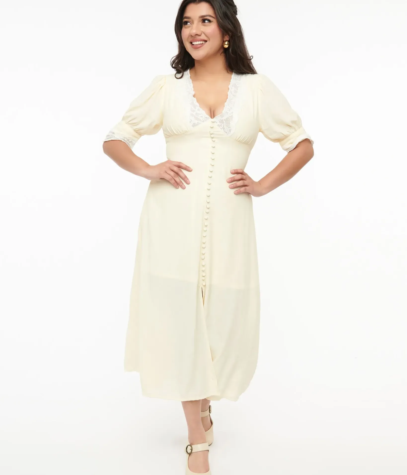 Unique Vintage Midi|Everyday Dresses>1930s Cream & White Lace Midi Dress