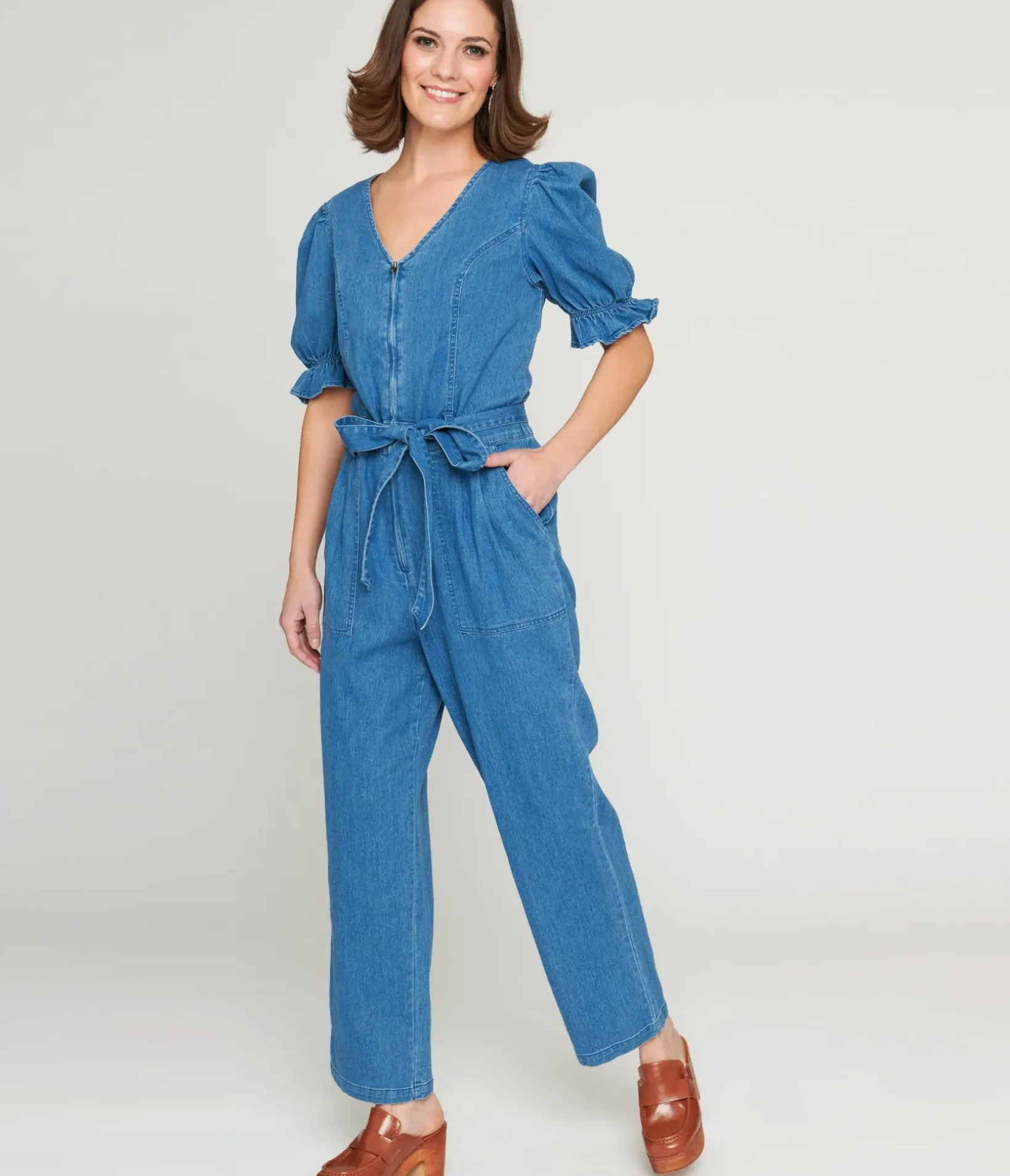Unique Vintage Rompers & Jumpsuits>1970s Denim Puff Sleeve Jumpsuit