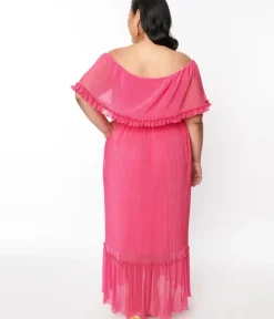 Unique Vintage Maxi|Midi & Maxi>1970s Fuchsia Pleated Chiffon Maxi Dress