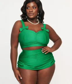 Unique Vintage Two Piece Swim|Swim Tops>1950s Green Bow Swim Top