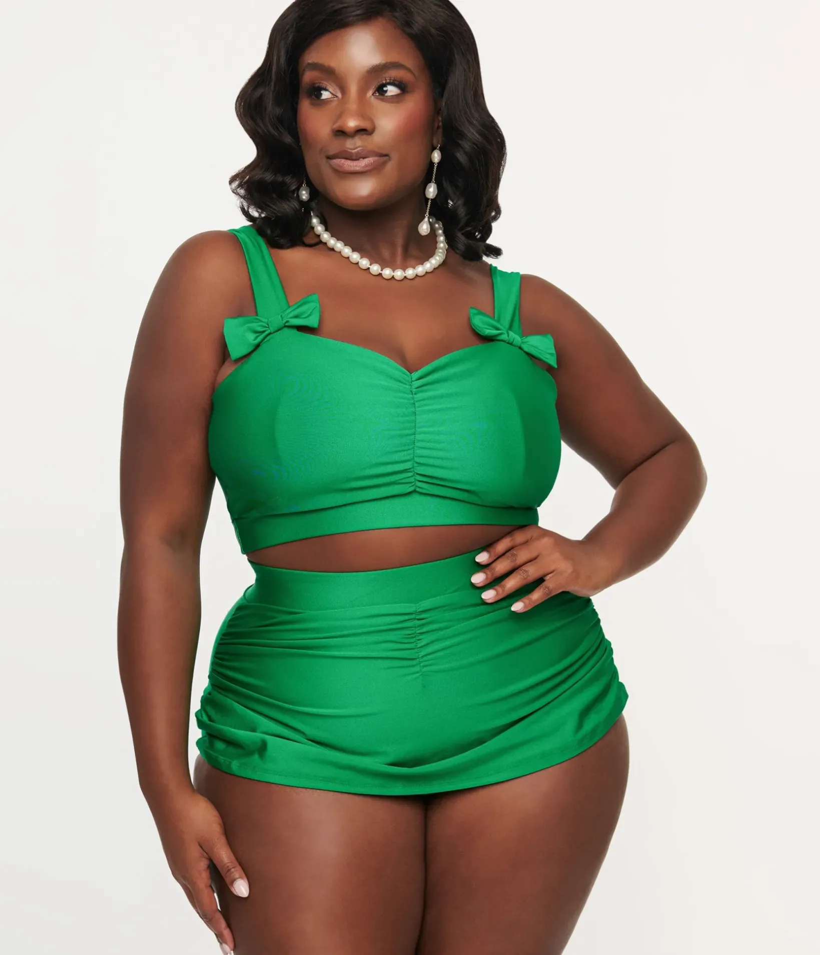 Unique Vintage Two Piece Swim|Swim Tops>1950s Green Bow Swim Top