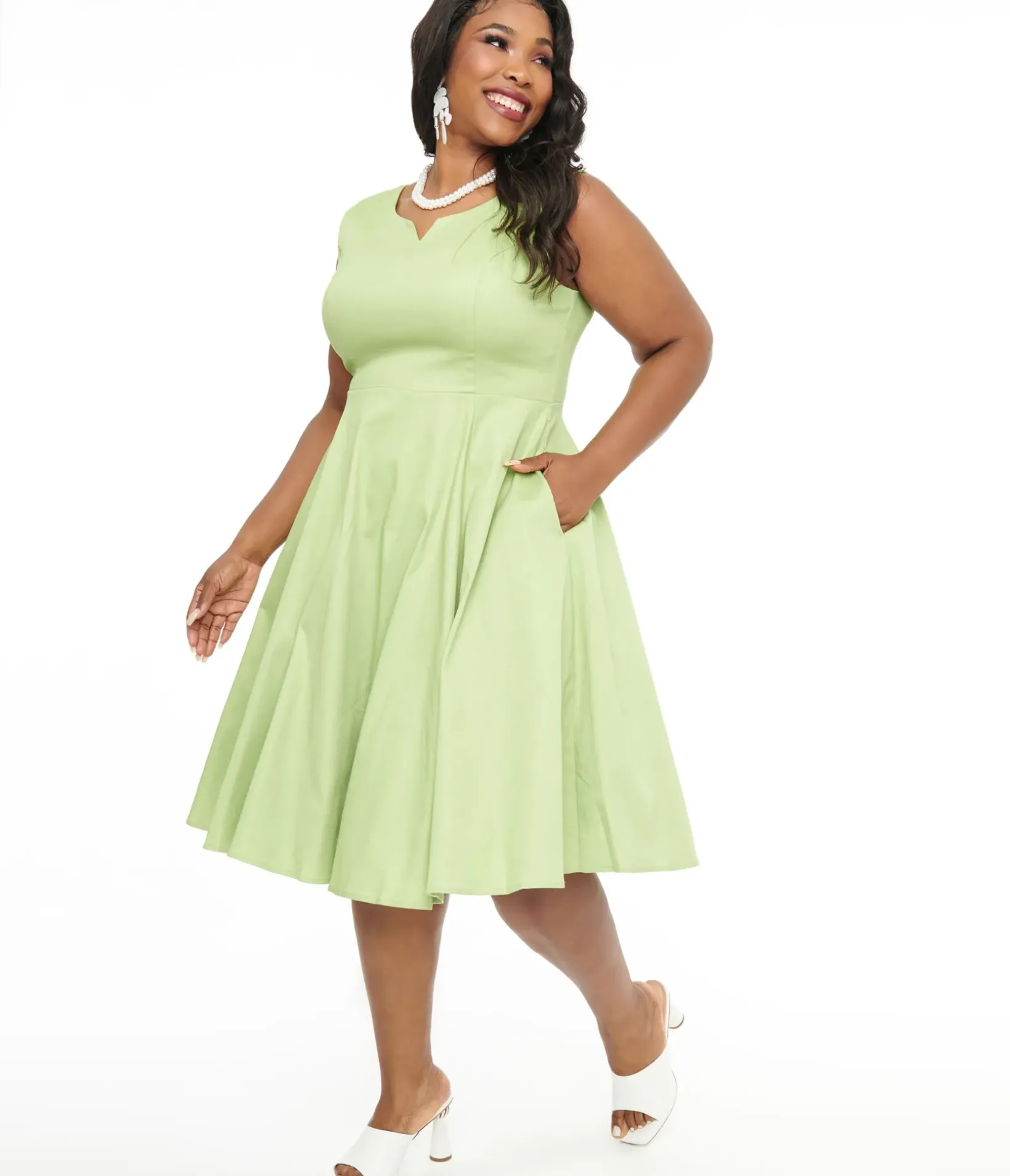 Unique Vintage Swing|Pocket Dresses>1950s Green Cotton Greta Swing Dress