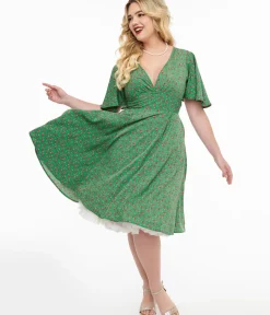 Unique Vintage Fit & Flare|Pocket Dresses>1950s Green & Pink Rose Fit & Flare Dress