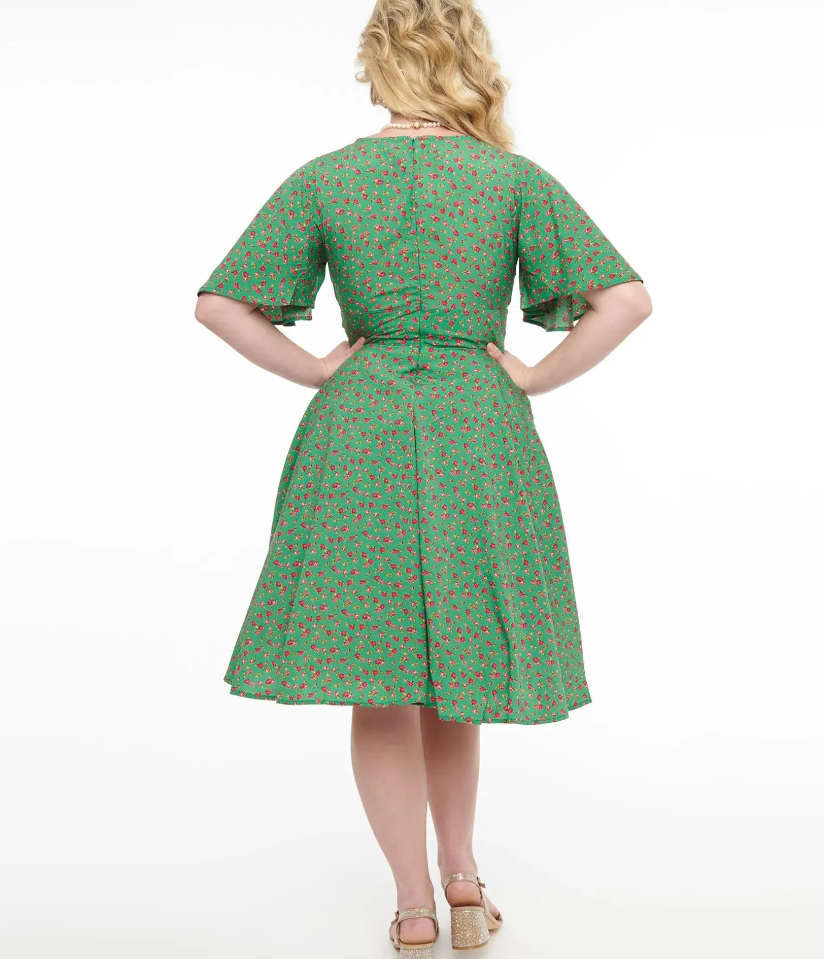 Unique Vintage Fit & Flare|Pocket Dresses>1950s Green & Pink Rose Fit & Flare Dress