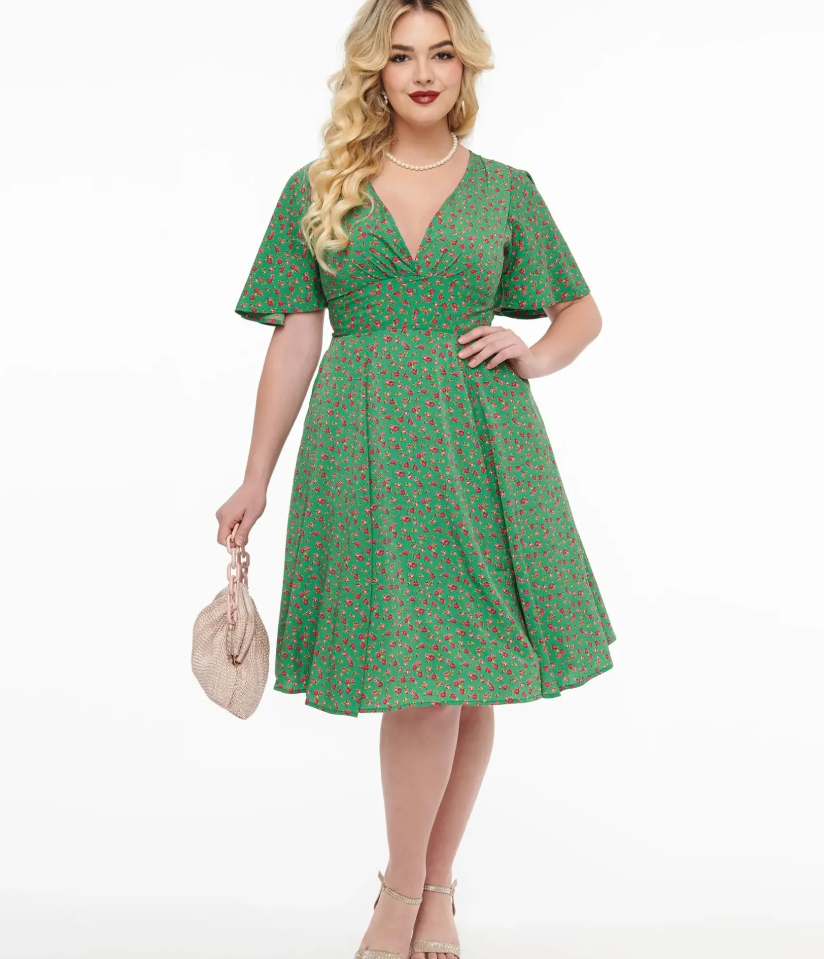 Unique Vintage Fit & Flare|Pocket Dresses>1950s Green & Pink Rose Fit & Flare Dress