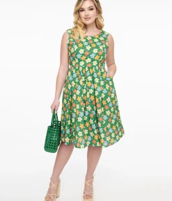 Unique Vintage Fit & Flare|Pocket Dresses>1950s Green Retro Floral Cotton Fit & Flare Dress