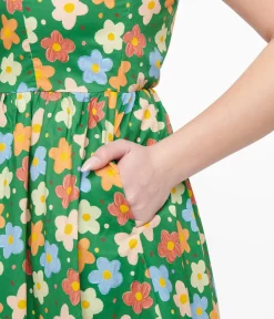 Unique Vintage Fit & Flare|Pocket Dresses>1950s Green Retro Floral Cotton Fit & Flare Dress