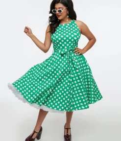 Unique Vintage Swing|Pocket Dresses>1950s Green & White Polka Dot Tie Swing Dress