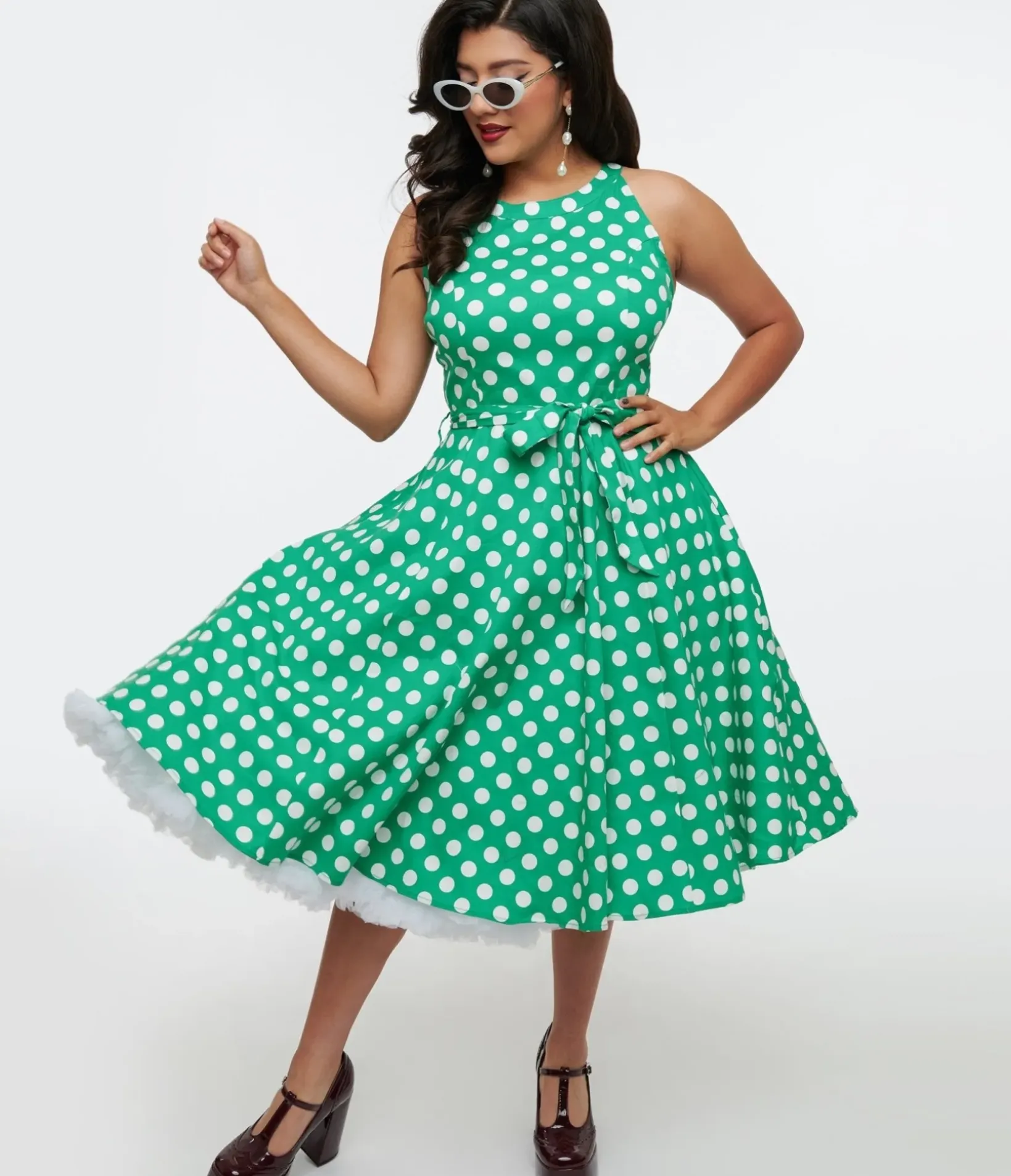 Unique Vintage Swing|Pocket Dresses>1950s Green & White Polka Dot Tie Swing Dress