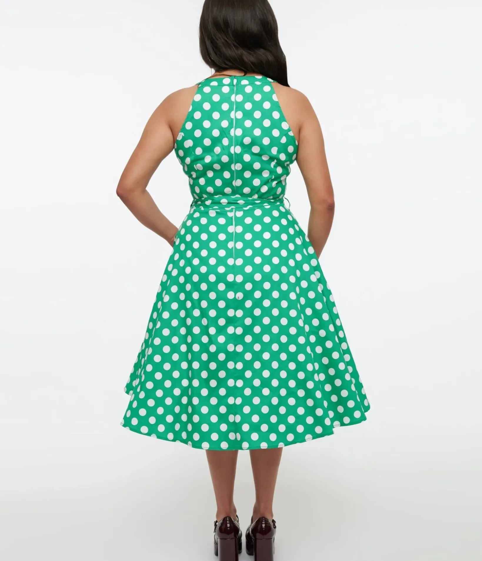 Unique Vintage Swing|Pocket Dresses>1950s Green & White Polka Dot Tie Swing Dress