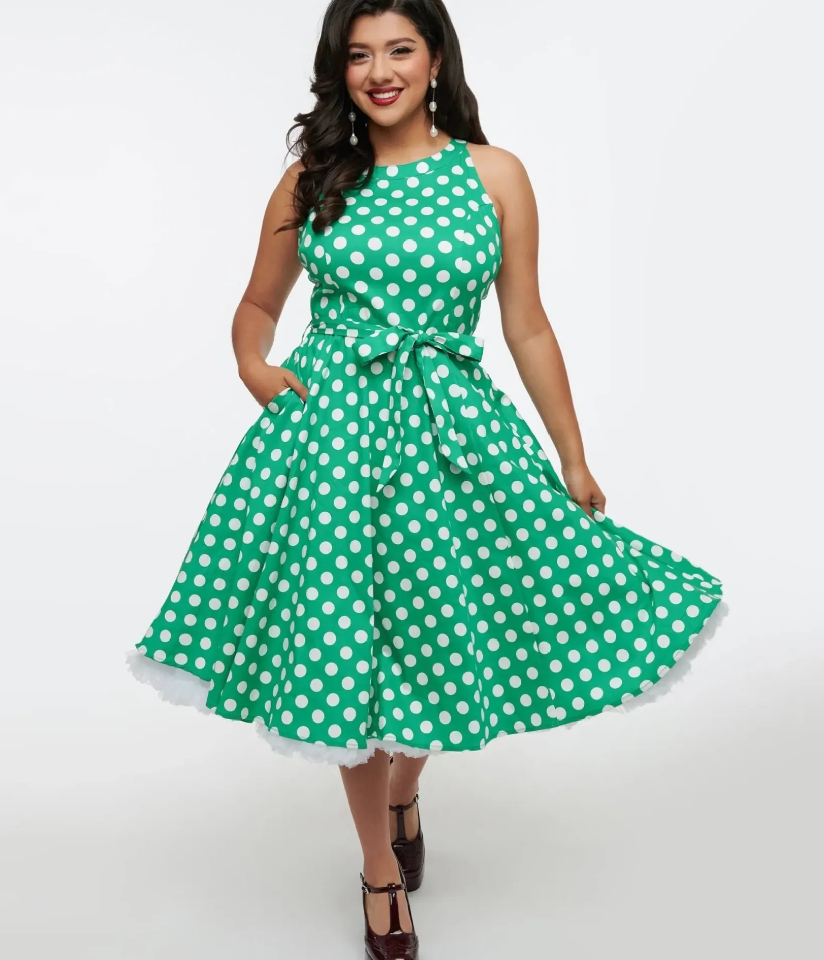 Unique Vintage Swing|Pocket Dresses>1950s Green & White Polka Dot Tie Swing Dress