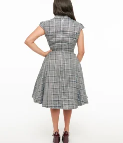 Unique Vintage Swing|Pocket Dresses>1950s Grey & Blue Plaid Swing Dress