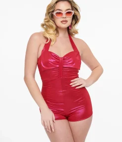 Unique Vintage One Piece Swim|One Piece Swim>1950s Hot Pink Sparkle Bow Romper Swimsuit